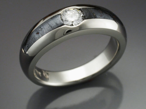 14k White Gold Ring with Huckitta Meteorite & Diamond