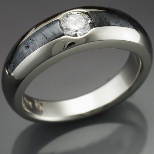 14k White Gold Ring with Huckitta Meteorite & Diamond