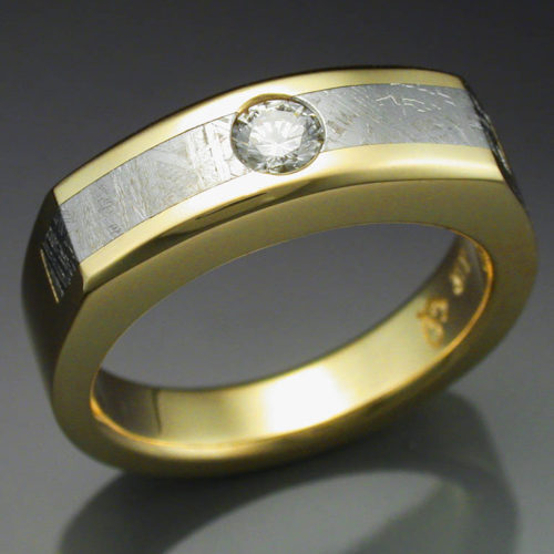 Gold Ring with Meteorite & Diamond